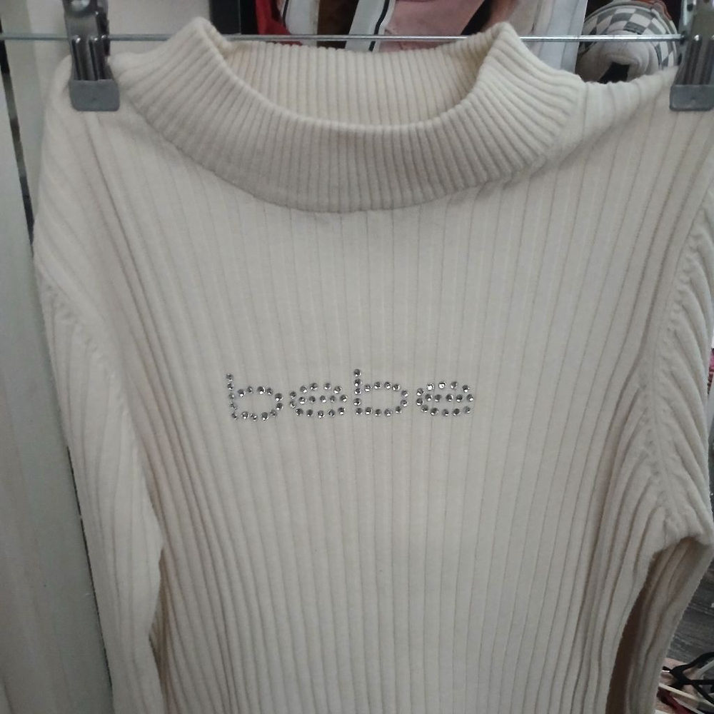 Women's bebe Cream Ribbed Turtleneck Sweater with Silver Embellishments, Size L